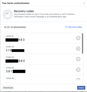 קודים לאימות דו שלבי פייסבוק